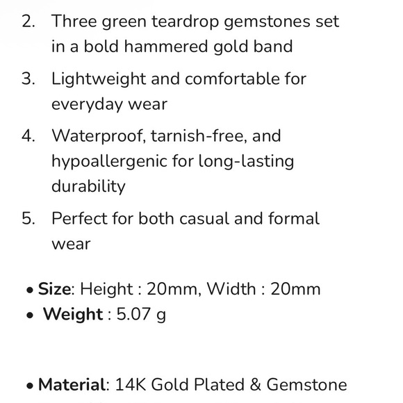 Anthro Ring - Hammered 14k Gold Plated Cuff Ring With Green Stone Accents - Picture 6 of 8